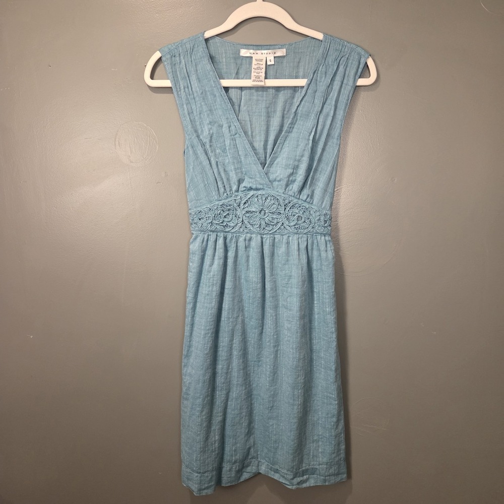 Max Studio 100% Cotton Sleeveless Dress Floral Waist, Women's Size S, Blue